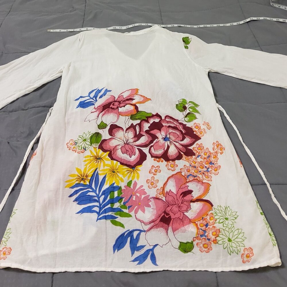 Boho White Cotton Floral Tunic Dress Artisanal Summer Beach Cover-Up - Picture 2 of 5